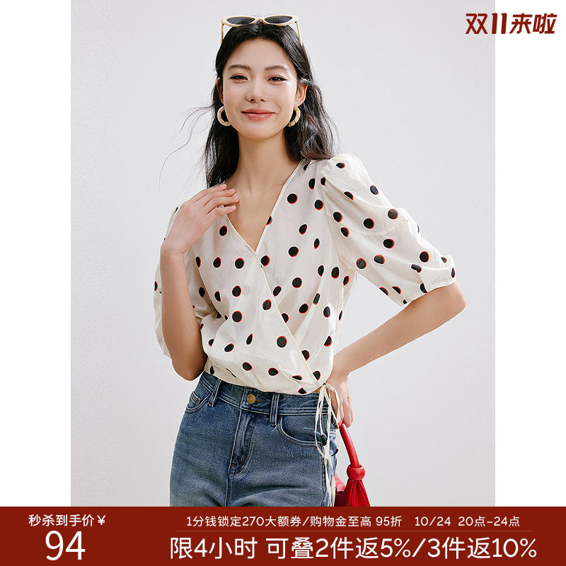 衣香丽影夏V领复古波点印花雪纺衬衫泡泡袖衬衣