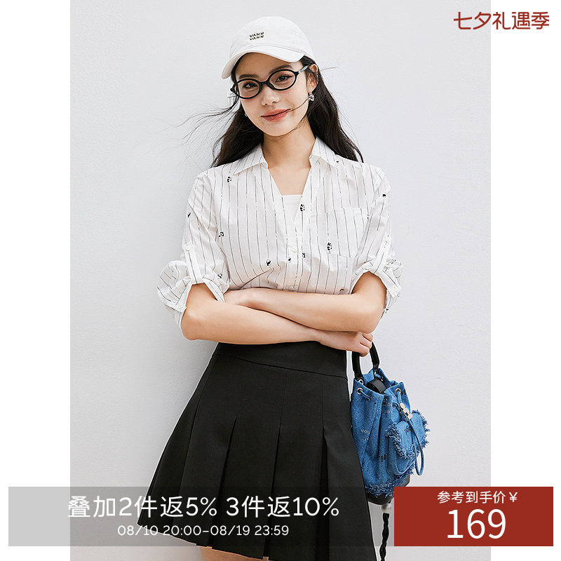 衣香丽影纯棉熊猫图案衬衫女2026年夏套头宽松慵懒百搭衬衣