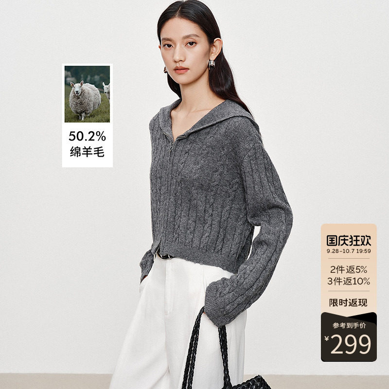 衣香丽影灰色连帽拉链针织开衫女2026秋装新款宽松软糯不规则上衣
