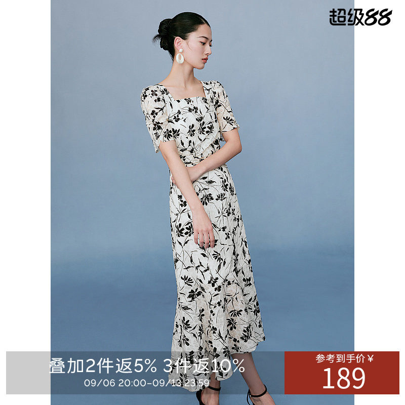 衣香丽影全棉方领碎花连衣裙女夏款法式泡泡袖裙子