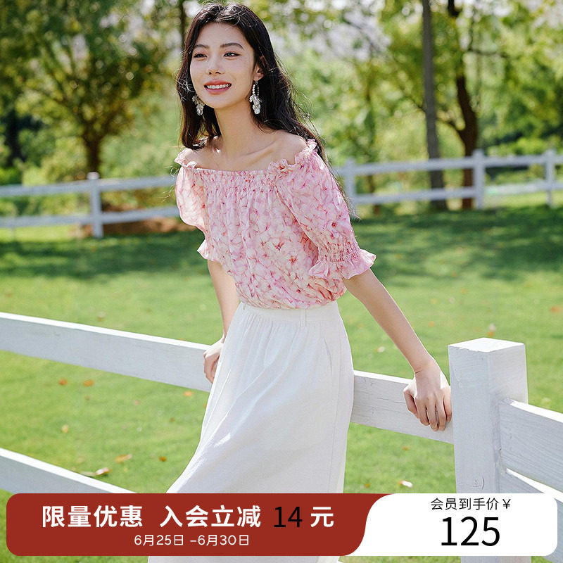 衣香丽影一字领碎花雪纺衫女夏装重工打揽上衣