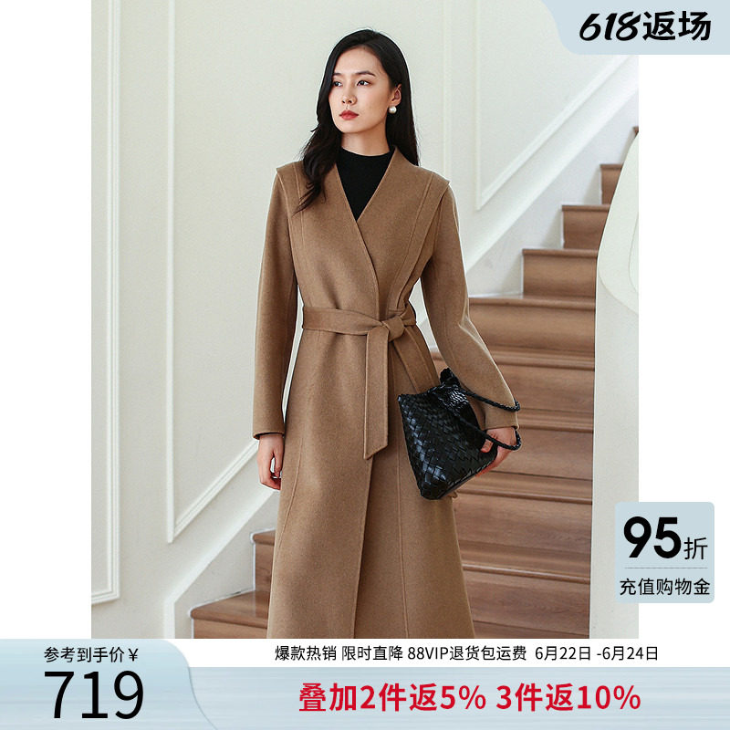 衣香丽影高级感气质V领双面呢大衣2025年冬装搭配腰带毛呢外套
