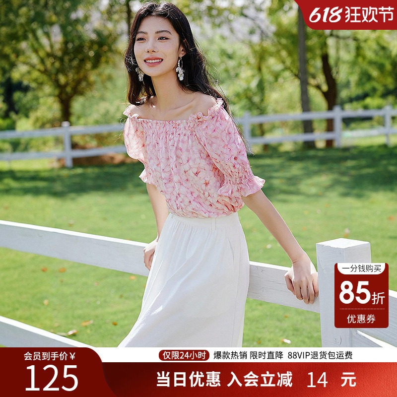 衣香丽影一字领碎花雪纺衫女夏装重工打揽上衣