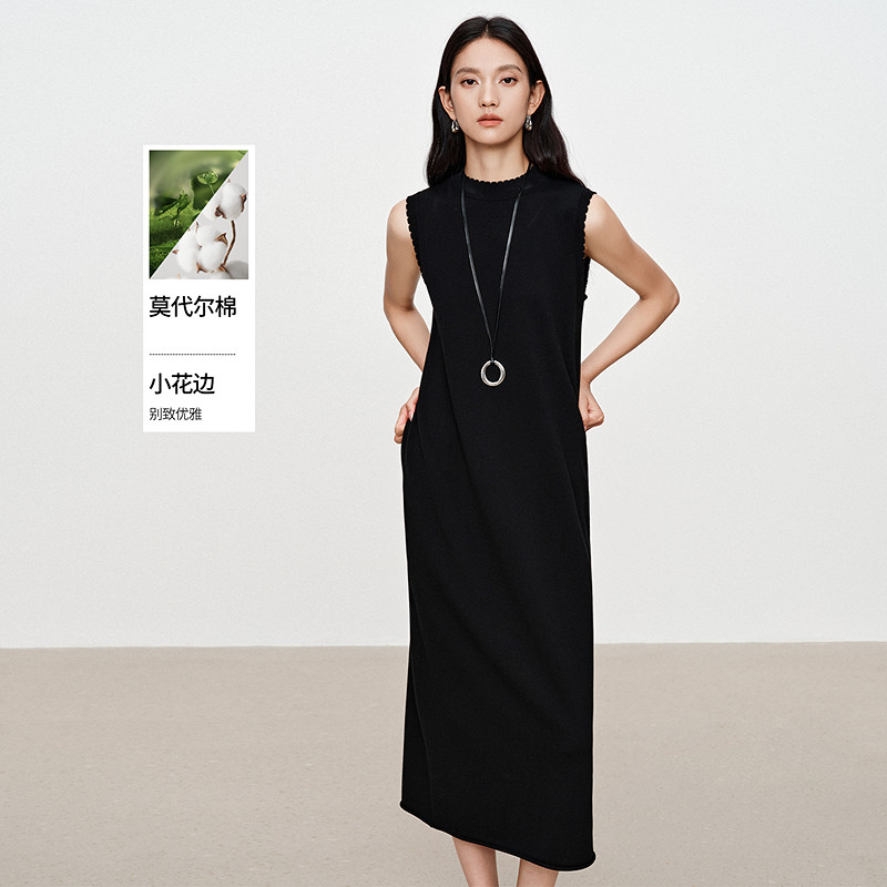 衣香丽影黑色无袖花边针织连衣裙女2026年春装新款莫代尔小黑裙子
