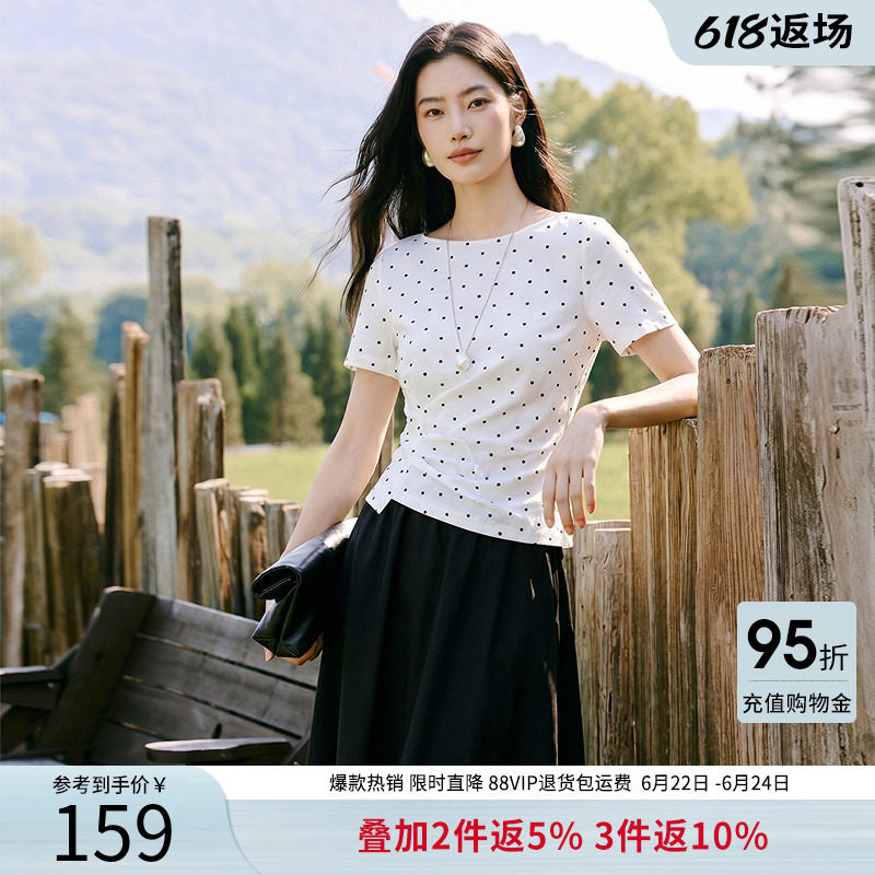 衣香丽影不对称波点短袖T恤女2026夏装新款宽松不规则一字领上衣