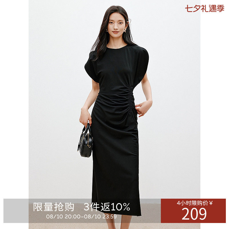 衣香丽影时尚抽褶收腰连衣裙夏花苞袖气质小黑裙