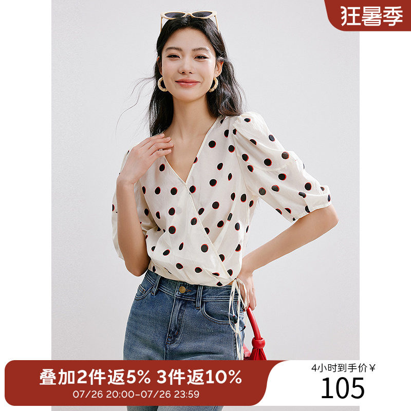 衣香丽影夏V领复古波点印花雪纺衬衫泡泡袖衬衣