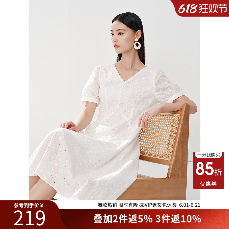 【断码福利】衣香丽影棉布绣花连衣裙女夏款文艺风泡泡袖小洋裙
