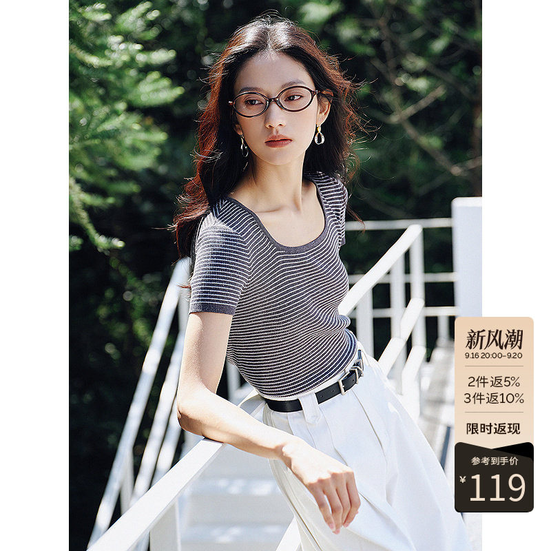 【断码福利】细条纹短袖针织衫女夏装高级感亚麻老钱风上衣图片