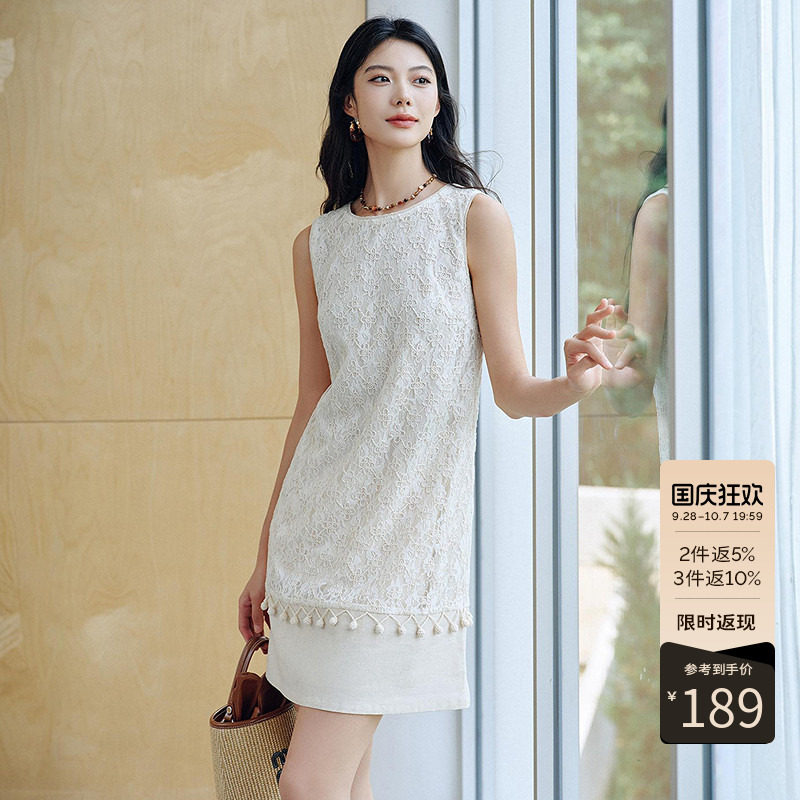 衣香丽影白色蕾丝拼接无袖连衣裙女2026年夏装新款小香风亚麻裙子