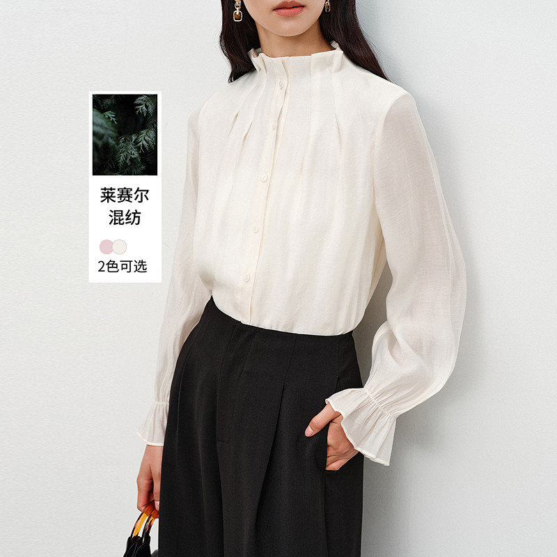 衣香丽影法式花苞袖立领衬衫女2026年秋装新款优雅气质欧根纱上衣