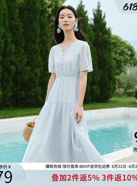 衣香丽影蓝色泡泡袖连衣裙女2026夏季新款气质轻奢高级感法式裙子