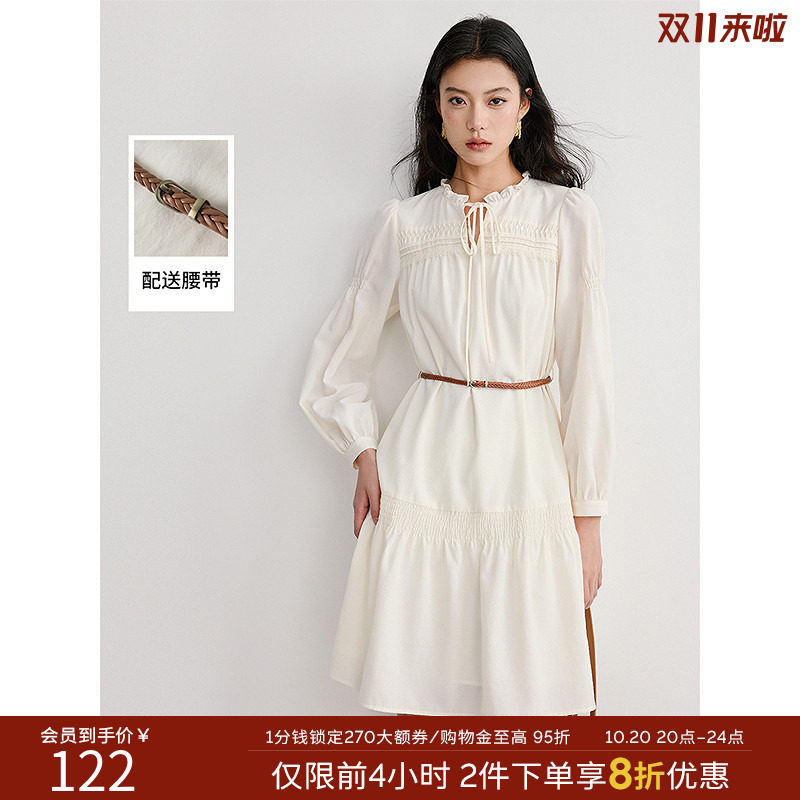 衣香丽影白色木耳边连衣裙女2026秋装新款小个子流行法式中长裙子