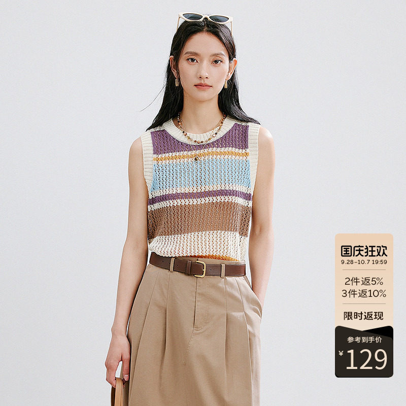 【断码福利】彩色条纹针织衫背心女夏装宽松慵懒风镂空上衣