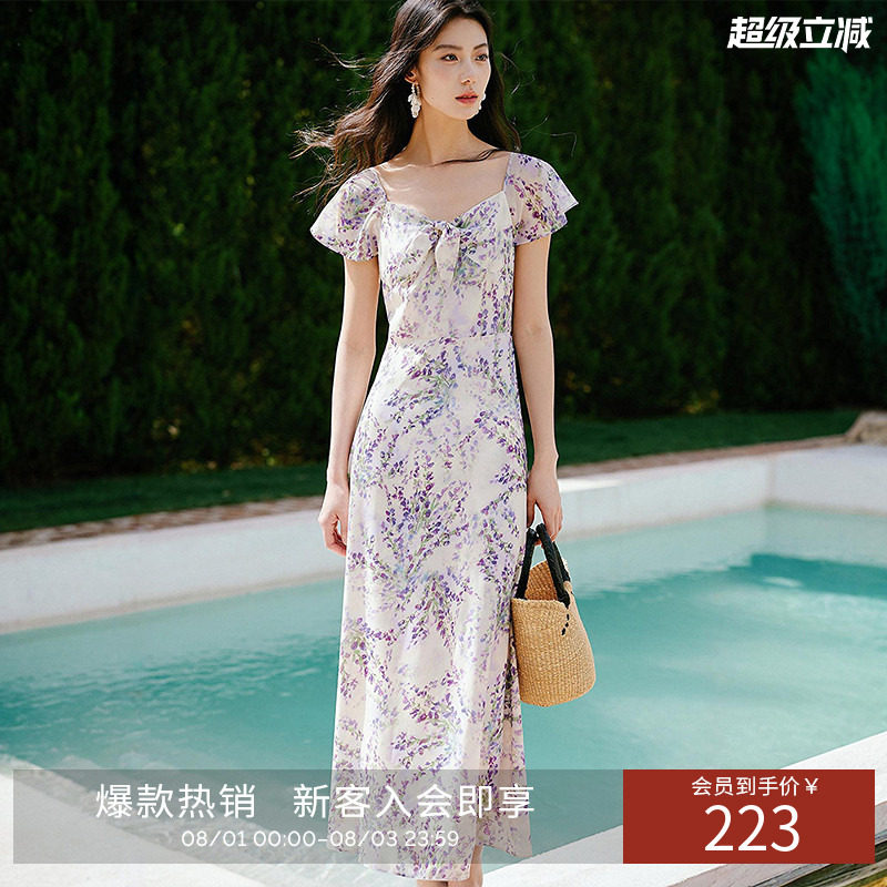 衣香丽影碎花雪纺连衣裙女夏装度假风法式漂亮掐腰裙子