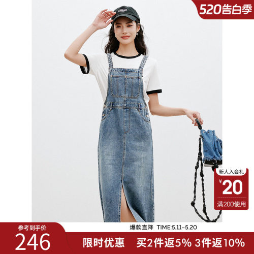 纯棉牛仔背带裙女夏复古水洗设计背带连衣裙