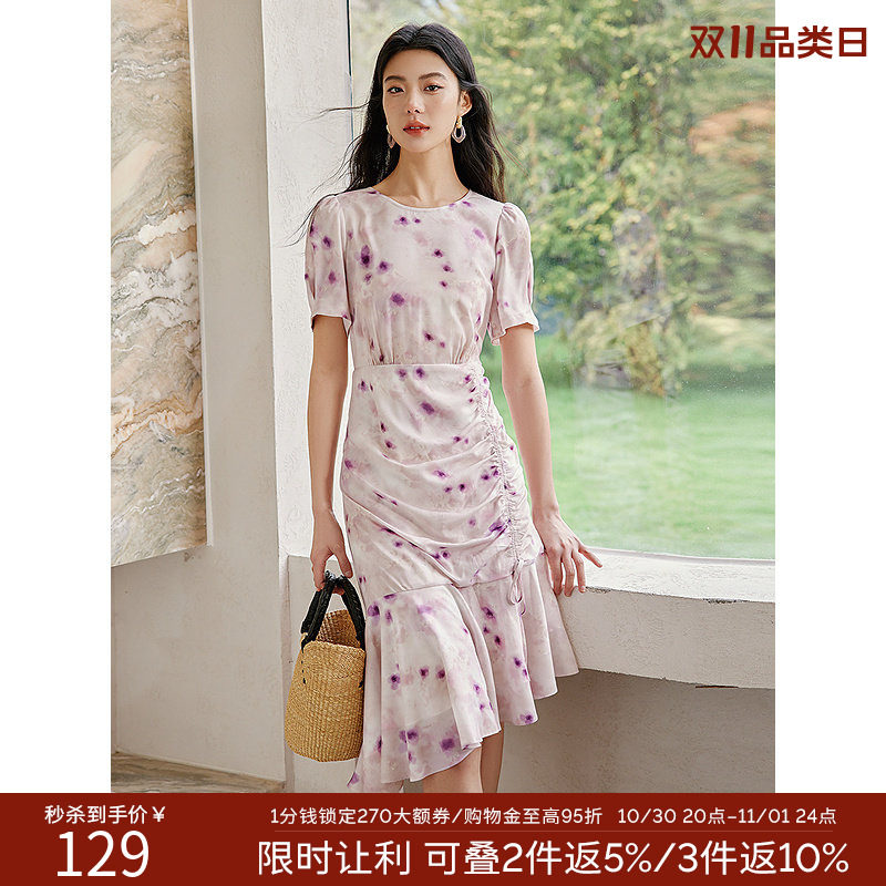 衣香丽影泡泡袖碎花连衣裙夏可调节抽褶设计减龄显瘦裙子