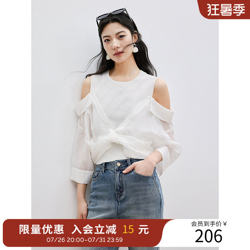 衣香丽影假两件拼接衬衫女夏装设计感宽松露肩衬衣