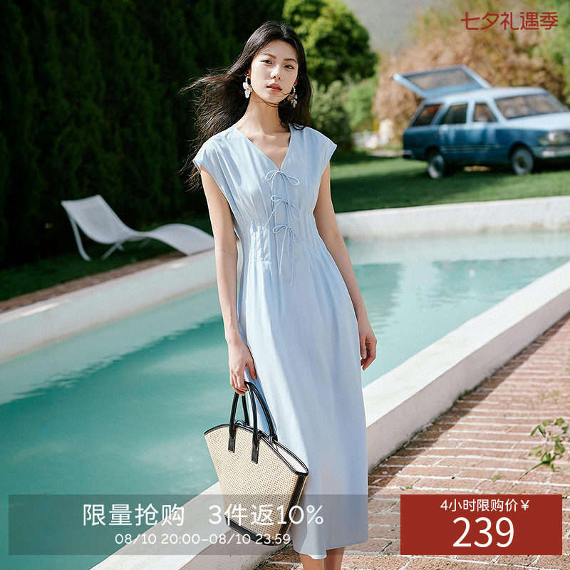衣香丽影莫代尔压褶收腰连衣裙女夏遮肉显瘦法式茶歇长款无袖裙子