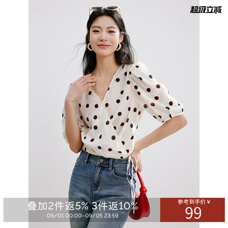 衣香丽影夏V领复古波点印花雪纺衬衫泡泡袖衬衣