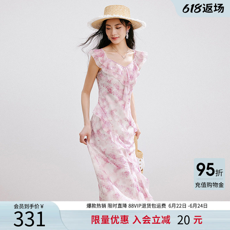 衣香丽影碎花连衣裙女夏装优雅荷叶边顺纡绉雪纺裙子
