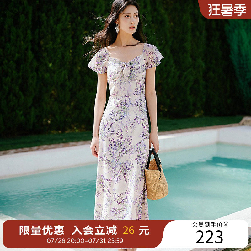 衣香丽影碎花雪纺连衣裙女夏装度假风法式漂亮掐腰裙子