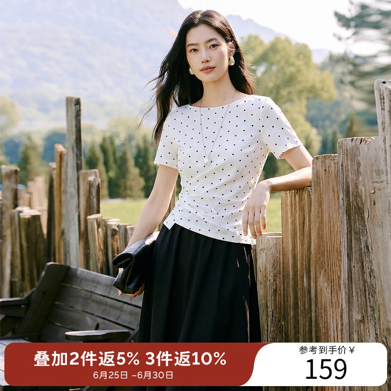 衣香丽影不对称波点短袖T恤女2026夏装新款宽松不规则一字领上衣