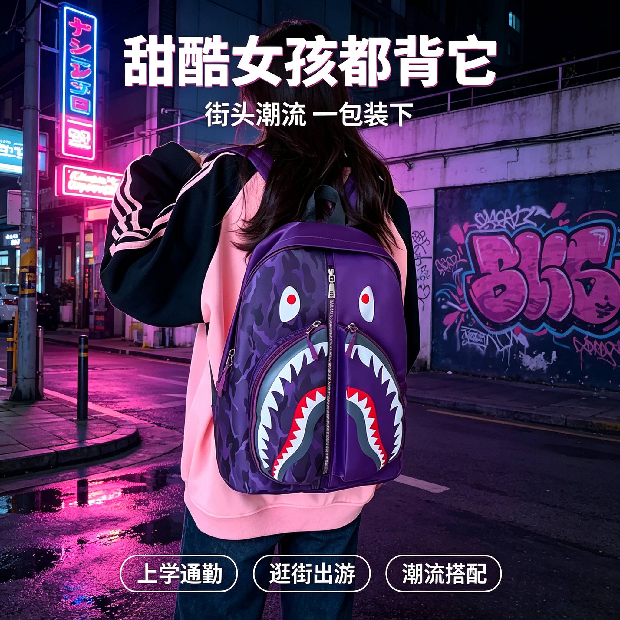 混的人书包书包混的人初中女生混的人书包街头潮流背包休闲紫色