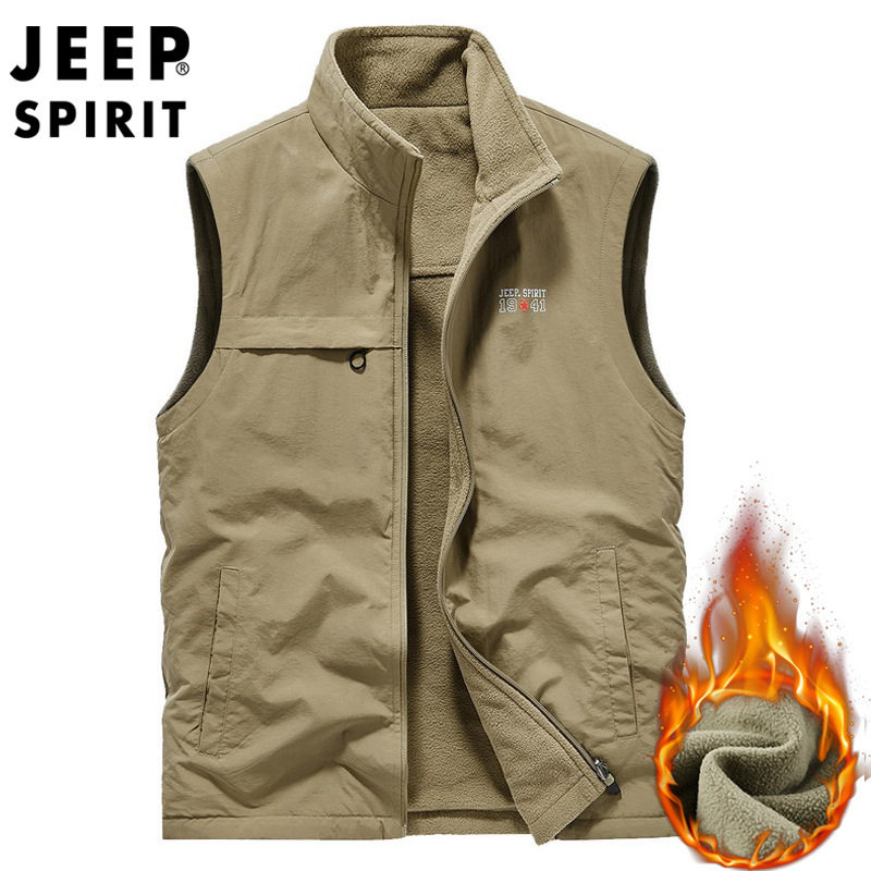 JEEP SPRIT新款马甲多袋大码背心男士保暖立领加绒双面穿摄影外套