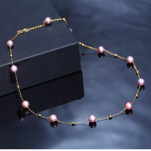 芙茉莉18K金项链天然淡水珍珠紫色满天星AU750高贵优雅正品 锁骨链