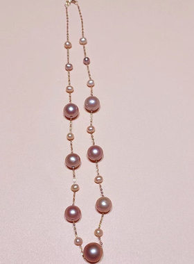 18k金大龙珠项链满天星紫色12-13mm原创奢华大小珠百搭气质礼物女