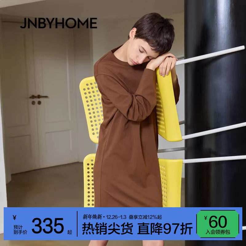 JNBYHOME江南布衣25年秋季女圆领长袖家居睡裙中长款休闲纯