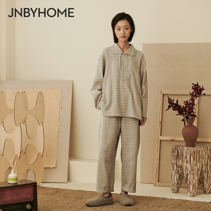 【格纹翻领家居服】JNBYHOME江南布衣全棉睡衣柔软舒适可外穿