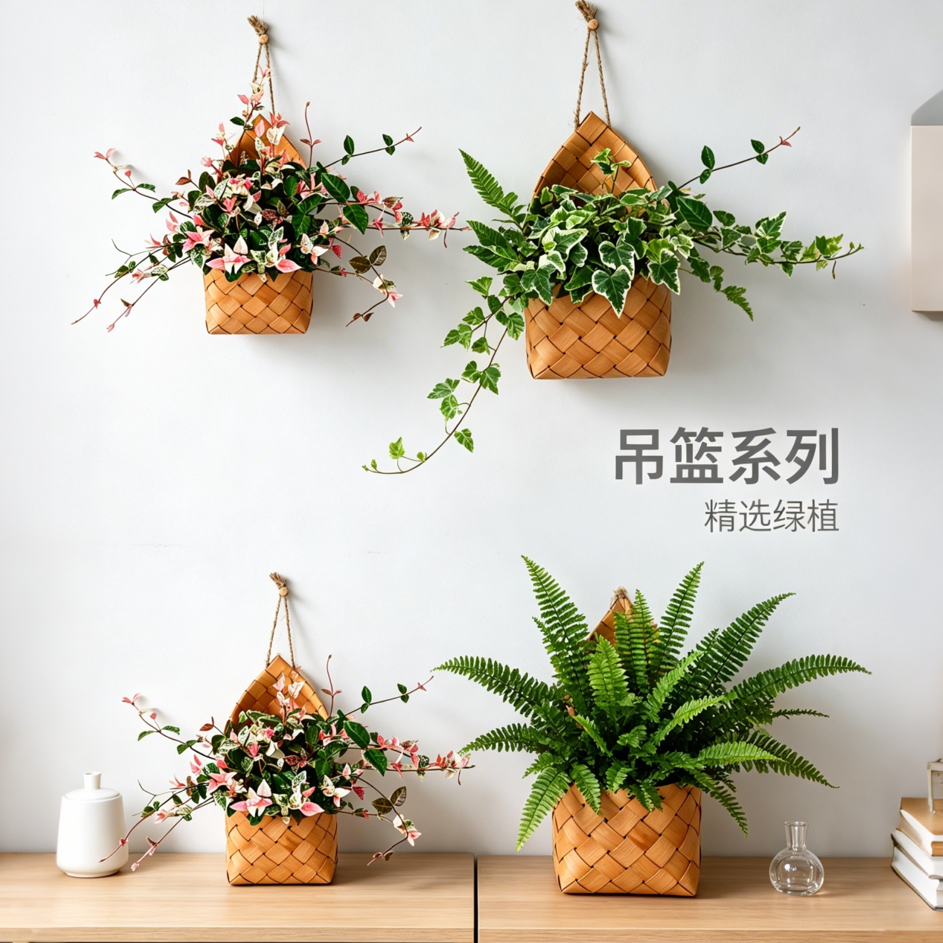 【壁挂竹编篮】墙面装饰植物盆栽雪莹吉姆蕨绿萝室内植物盆栽
