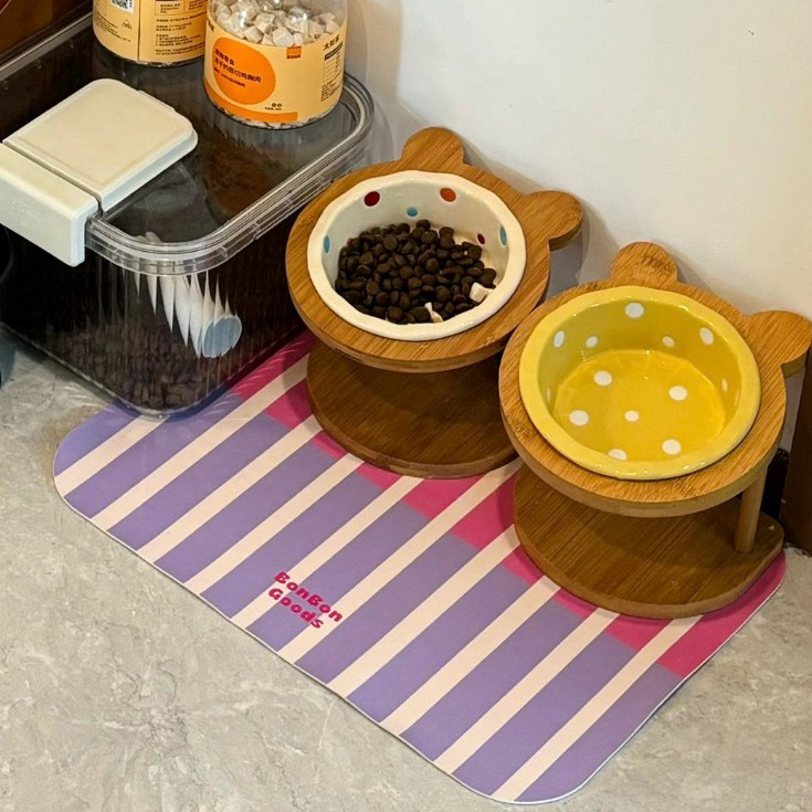 狗碗可爱波点陶瓷碗带木架不伤脖多彩色不伤脖小型犬狗盆狗吃饭碗