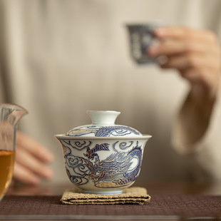 景德镇手工青花鎏银盖碗三才盖碗不烫手敬茶碗泡茶碗家用功夫茶具
