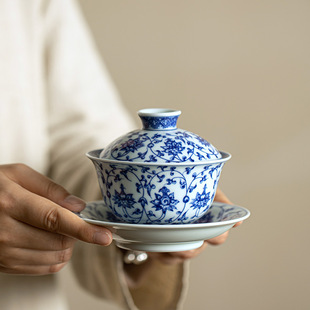 景德镇釉下彩三才青花盖碗茶具敬茶碗泡茶碗陶瓷家用功夫茶不烫手