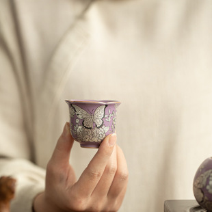 紫汝手工银蝴蝶茶杯主人杯品茗杯客杯陶瓷茶具家用花口功夫小杯