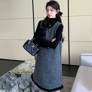 洋气毛呢A字娃娃裙子 时尚 小香风孕妇连衣裙秋冬季 背心裙2025新款