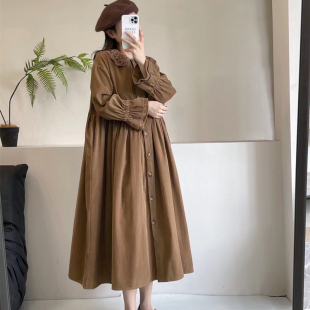 森系孕妇连衣裙秋天长裙2025新款 复古减龄娃娃领A字裙灯芯绒裙子