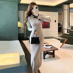 中国风孕妇裙2025新款 盘扣针织裙包臀紧身裙子 旗袍连衣裙新中式