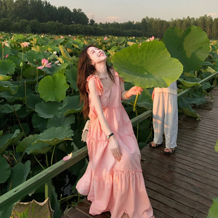 甜美风孕妇裙夏季 宽松A字蛋糕裙 2025新款 洋气方领绑带连衣裙大码