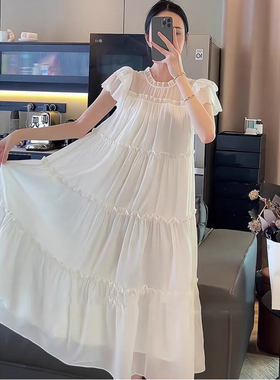 孕妇装连衣裙夏季2025新款洋气减龄飞飞袖雪纺初恋风白色长裙穿搭