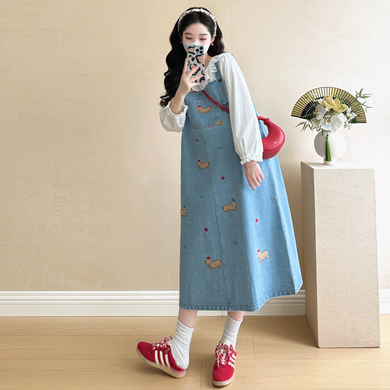 孕妇早春花边领衬衫刺绣背带裙子图片