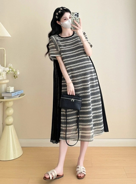 孕妇裙夏季2025新款连衣裙时尚设计镂空格子网纱裙显瘦黑色A字裙