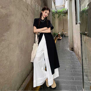韩版孕妇夏季长款衬衫裙套装2024新款慵懒风阔腿裤裙复古连衣裙女