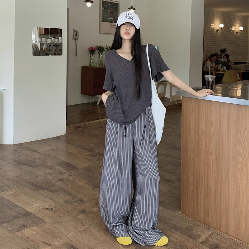 慵懒风孕妇装夏装纯棉套装2025新款韩版V领上衣百搭条纹阔腿裤子