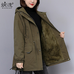 加绒派克棉服外套女中长款韩版显瘦中年妈妈冬装新款连帽加厚棉衣