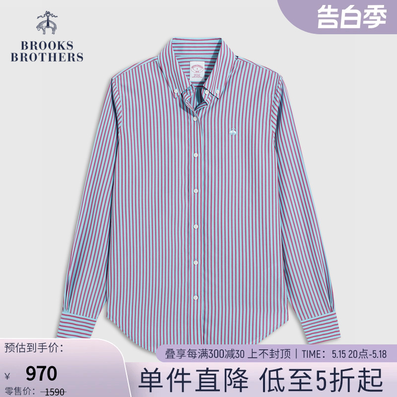 Brooks Brothers/布克兄弟女士扣结领竖条纹棉质长袖免烫衬衫 女装/女士精品 衬衫 原图主图