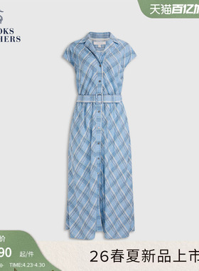 Brooks Brothers/布克兄弟女士26春夏新品亚麻格纹飞袖翻领连衣裙